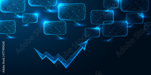 AI-driven performance and growth trend with dynamic upward arrow and communication bubbles