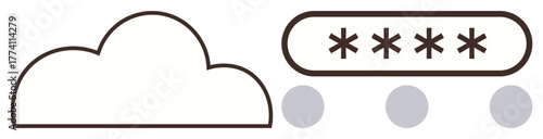 Cloud outline next to authentication bar with asterisks and three dots, suggesting security. Ideal for privacy, protection, data encryption, cybersecurity, online storage, login systems, simple flat