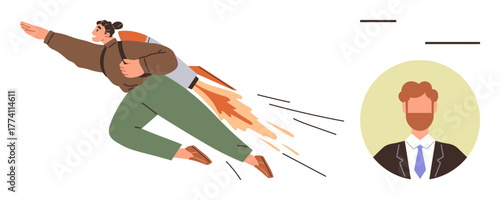 Woman wearing jetpack flies forward with ambition and determination. Male mentor avatar symbolizes guidance and support. Ideal for career growth, leadership, mentorship, empowerment, ambition