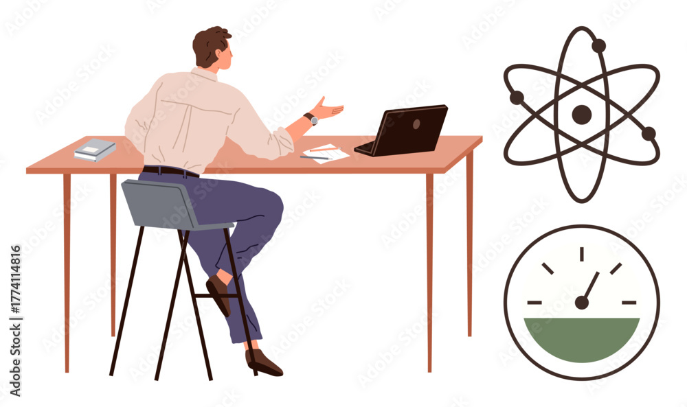 Fototapeta premium Man sitting at the desk gesturing while discussing, accompanied by atom and gauge icons. Ideal for education, science, physics, analysis, brainstorming, productivity, simple flat metaphor