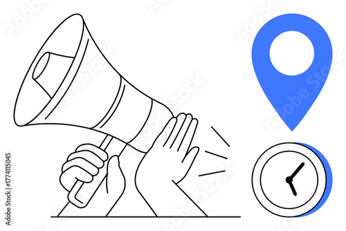 Hands holding a megaphone with sound waves, blue map pin, and a clock. Ideal for communication, announcements, marketing, event promotion, location-based services, time management public relations