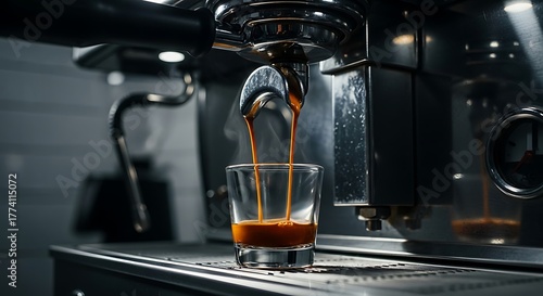 Espresso extraction A detailed shot of coffee pouring into a glass, highlighting the art