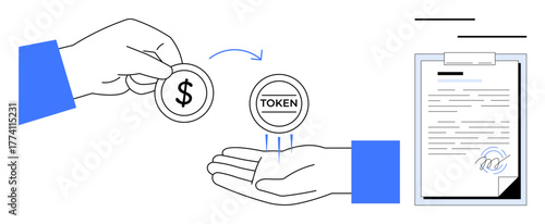 Dollar exchanged for token between hands, arrow indicating motion, next to signed document. Ideal for finance, cryptocurrency, blockchain, agreements, transactions, digital ownership simple flat