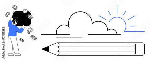 Man gathering coins into wallet, large pencil next to a cloud and sunrise. Ideal for finance, savings, creativity, innovation, growth, productivity education. Modern simple flat metaphor