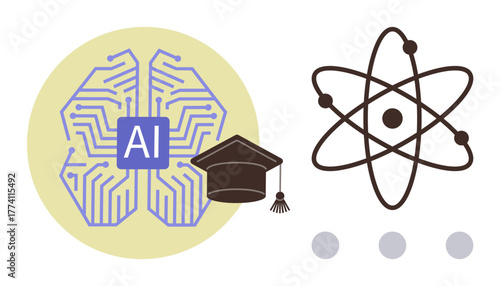 AI brain with circuit lines, academic cap, and atomic structure symbolize innovation, AI, education, and science. Ideal for technology, AI, STEM learning research future concepts simple flat