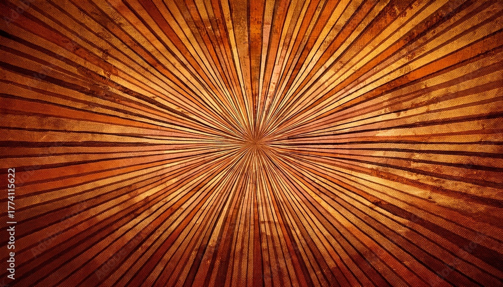 Obraz premium A Textured Burnt Orange Sunburst Radiating From The Center Creating A Vintage Retro Aesthetic With Darker Brown Stripes On A Mottled Background