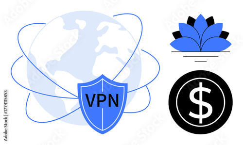 VPN shield over the globe representing secure internet, lotus symbolizing balance, and currency icon. Ideal for privacy, security, economy, protection, technology mindfulness and balance. Simple