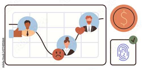 Graph with emotional icons tracking performance, businesspeople avatars, money coin, fingerprint, and checkmark. Ideal for analytics, trends, finance, team performance decision-making progress