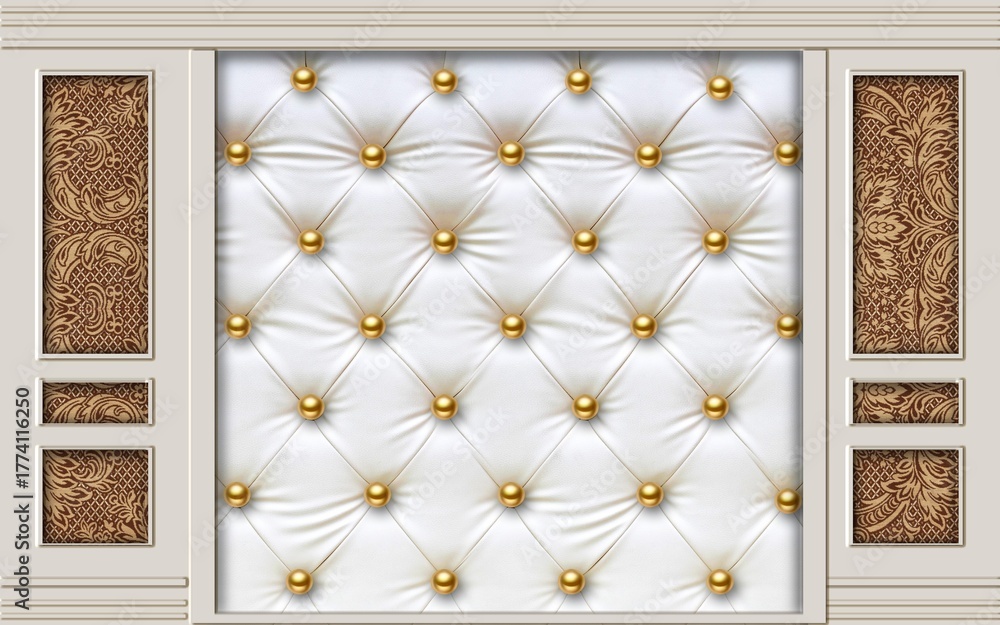 Obraz premium Luxurious white tufted fabric with golden accents, elegant and rich interior design element.