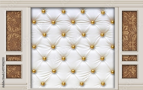 Luxurious white tufted fabric with golden accents, elegant and rich interior design element.