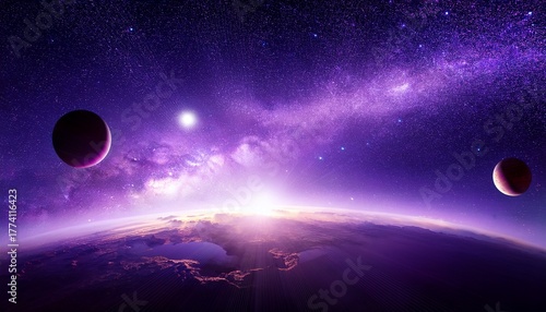 Abstract Starry Space Purple With Shining Star Dust And Nebula Realistic Galaxy With Milky Way And Planet Background