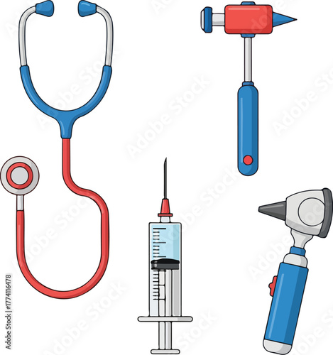 A set of cartoon medical tools including a stethoscope, syringe, otoscope, and reflex hammer on a white background.