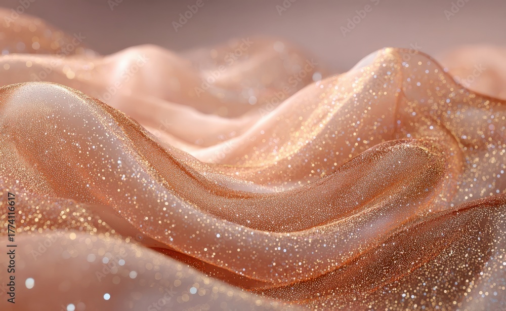 Fototapeta premium A stunning 3D render features a delicate, transparent fabric in light peach, elegantly shimmering with golden glitter and soft wave patterns, enhanced by gentle lighting and ample space for text.
