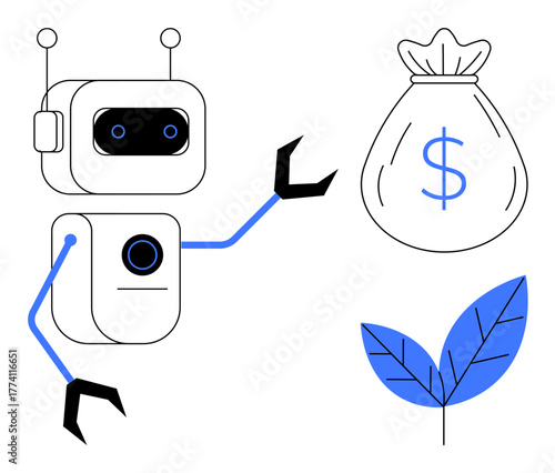 Robot reaching for money bag with blue dollar sign alongside leaf representing eco-friendly finance. Ideal for technology, automation, sustainability, AI, digital economy, fintech, innovation. A
