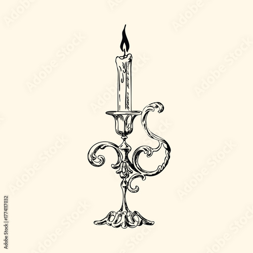 Hand drawn candle illustration. Vintage chandelier sketch. Candle clip art. Candle doodle. Line art, ink, minimalist style. Candles burning. Candelabra and candlestick. Ink sketch set isolated. Retro