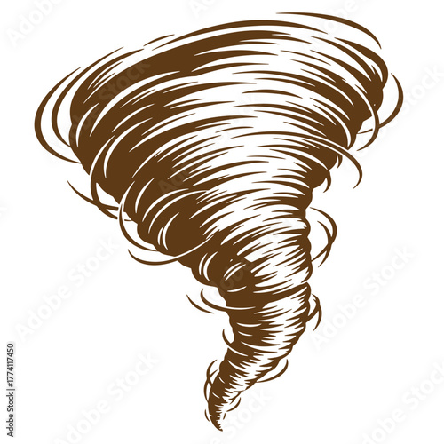Dramatic brown tornado swirling against a white background vintage art illustration