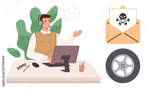 Man wearing a headset gesturing while working on a computer at desk, accompanied by an email with warning sign and a car wheel. Ideal for cybersecurity, productivity, helpdesk, communication