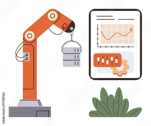 Robotic arm carrying an object next to a productivity chart and foliage. Ideal for technology, automation, manufacturing, engineering, productivity, data analysis, and innovation. Simple flat