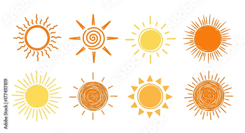 Diverse hand-drawn sun illustrations in vibrant yellow and orange, showcasing various doodle styles with radiant rays for summer, warm weather, and cheerful graphic design elements