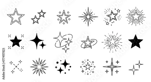 A diverse collection of hand-drawn star icons in a black and white doodle style. Set of vector sparkling, twinkling, and shining starburst symbols for decoration