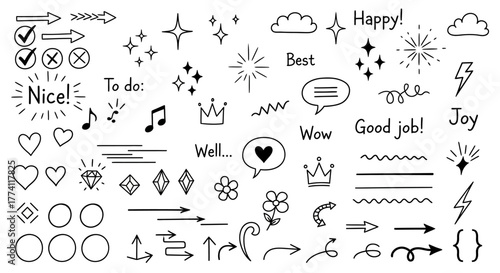 Hand-drawn doodle elements collection in a simple black and white style. Vector set of cute sketch icons including arrows, sparkles, hearts, and checkmarks for decoration