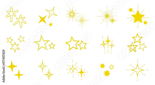 A collection of sparkling starbursts and glitter effects in various yellow outlines on a white background
