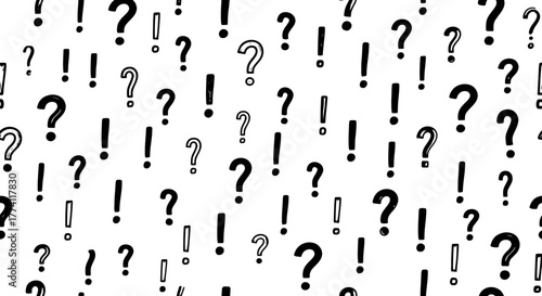 Seamless graphic pattern of black question marks and exclamation points on a white background, representing inquiry, problems, solutions, and communication emphasis