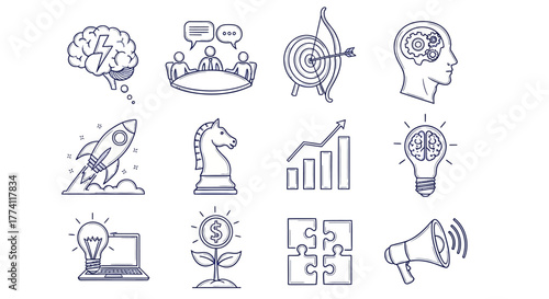 Collection of hand-drawn business startup icons for strategy and innovation graphic elements