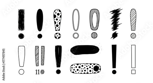 Collection of Hand-Drawn Exclamation Marks in Various Unique Styles and Patterns