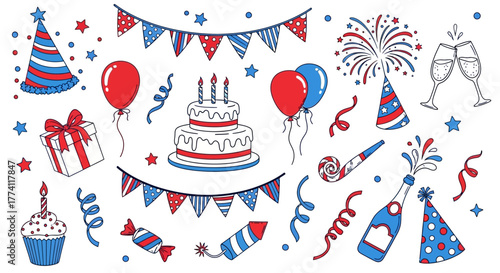 A colorful hand-drawn set of party and celebration elements. Doodle style vector graphics collection for birthdays or patriotic holidays
