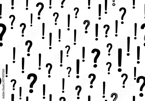 A patterned background of numerous black question marks and exclamation points on a white surface, symbolizing inquiry and surprise