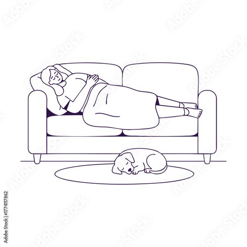 Sleeping with Dog on Couch – Cozy Pet Moment Outline