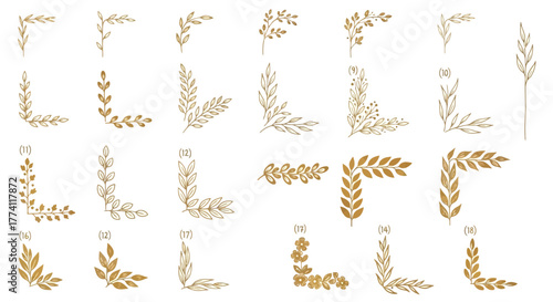 Collection of Elegant Golden Floral Corner Accents and Borders for Design Projects