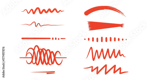 Set of artistic red line elements scribbles, waves, strokes, and graphic design accents