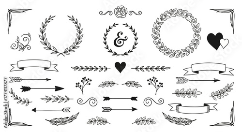 Elegant vector set of decorative graphic elements perfect for wedding invitations, romantic event design, featuring ornate wreaths, laurels, ribbons, arrows, and hearts for a classic touch