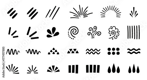 A diverse set of hand-drawn abstract graphic elements and minimalist doodle symbols. Collection of decorative accents like swirls, sunbursts, and lines for design