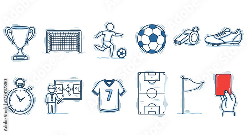 Soccer Icons Set Trophy, Goal, Player, Ball, Boots, Stopwatch, Tactics, Jersey, Field, Card