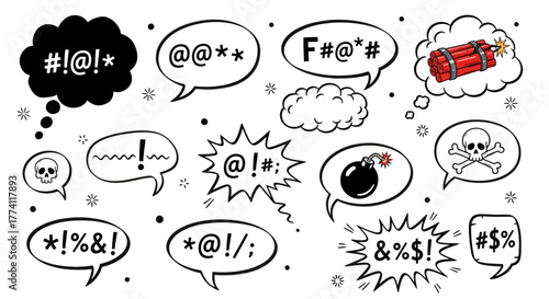 Hand-drawn comic bubbles with censorship symbols for bad language. A graphic set of angry expressions and profanity icons
