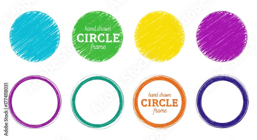 Dynamic collection of hand-drawn circles and frames, featuring vibrant scribble textures and clean outline styles, perfect for creative graphic design and digital projects