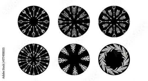 Circular decorative graphic elements in black and white arranged in patterns for design and decoration