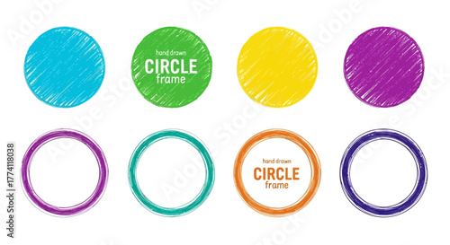 Vibrant collection of hand-drawn scribbled circle shapes and frames, offering versatile graphic elements for modern design projects and artistic illustrations