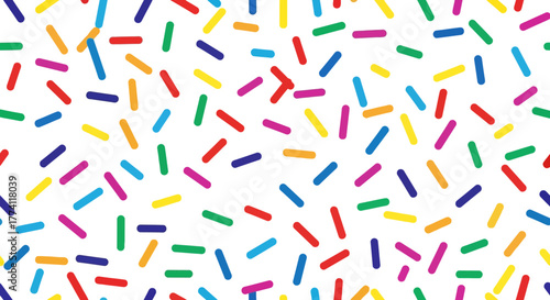 Vibrant and Playful Seamless Pattern of Rainbow Sprinkles on White Background, Perfect for Sweet Treats, Party Decorations, and Festive Designs
