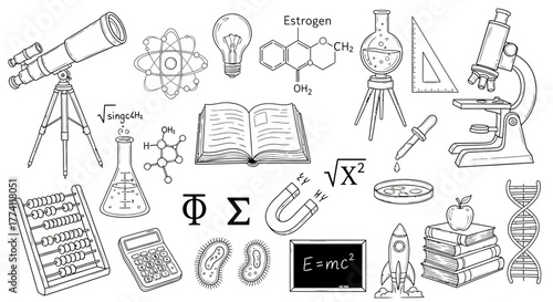 Diverse Scientific Instruments and Symbols in Detailed Outline Drawing