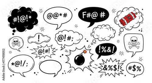 Speech bubbles with angry words and symbols, suitable for expressing emotions and thoughts in graphic design projects
