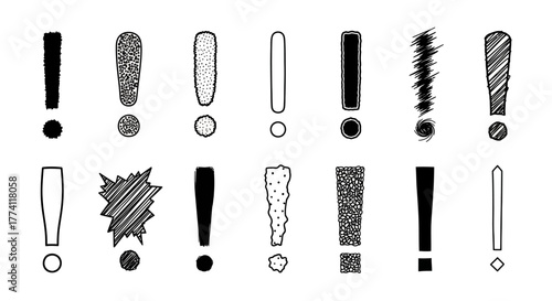 A diverse collection of hand-drawn exclamation marks in various styles, offering a range of emphatic graphic symbols for design projects