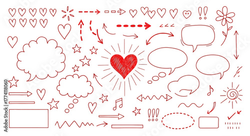 Hand-drawn red heart, speech bubbles, arrows, and other graphic elements for design and decoration