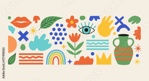 Abstract Botanical Shapes and Graphic Elements Colorful Contemporary Design