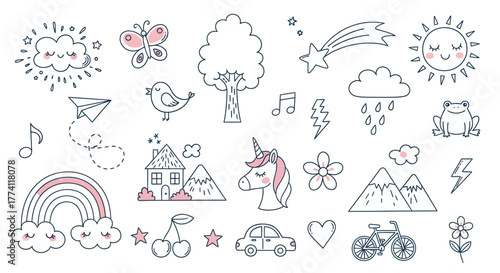 Cute Doodle Set Rainbow, Cloud, Sun, Butterfly, Unicorn, and More Elements for Design