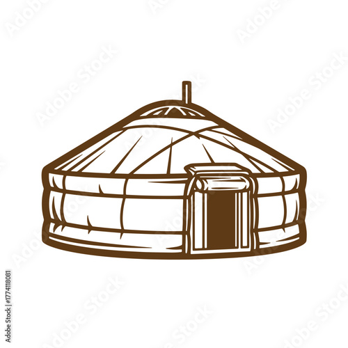 Simple vintage art illustration of a traditional mongolian yurt dwelling isolated on white background.