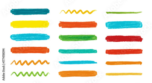 Vibrant hand-drawn marker brushstrokes and lines collection, offering versatile graphic design elements for highlighting, underlining, creative accents, and artistic flair in any project